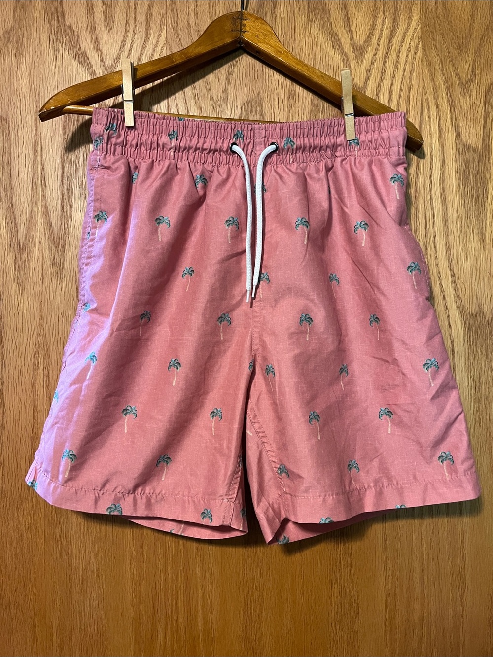 Men's Pink Palm-Print Swim Trunks with Elastic Waist